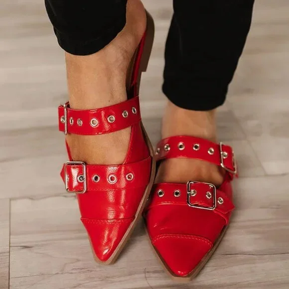 New Red Pointed Toe Slide Flat Loafers Mules Shoes Slip-On Silver Buckle Strap - Picture 3 of 4